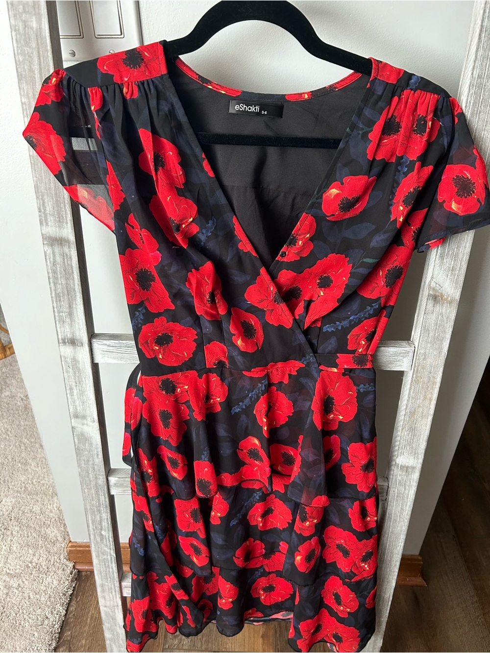 eshakti Dark Blue/Black Midi Dress with Bold Red Floral Print